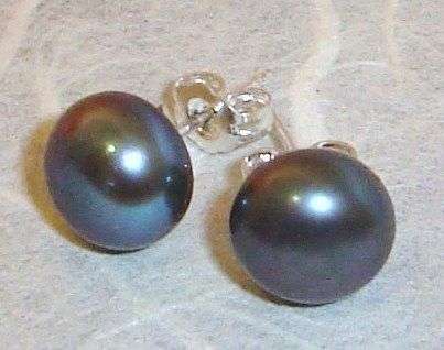 MARYKAY - HUGE 10mm!! GENUINE BLACK/PEACOCK FRESHWATER PEARL EARRINGS IN .925 STERLING SILVER
