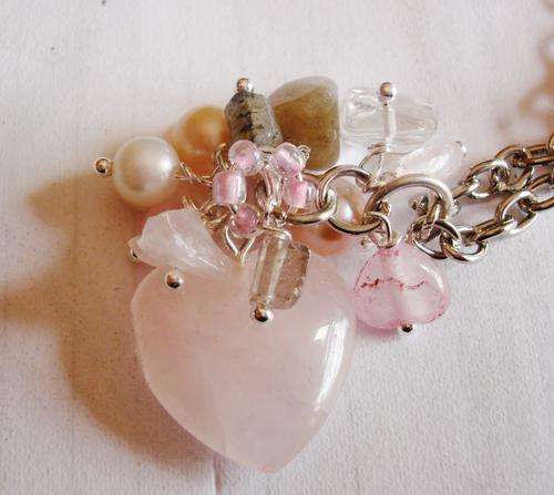 MARYKAY -  ROSE QUARTZ CLUSTER HEART PENDANT AND CHAIN WITH FRESHWATER PEARLS AND LABRADORITE