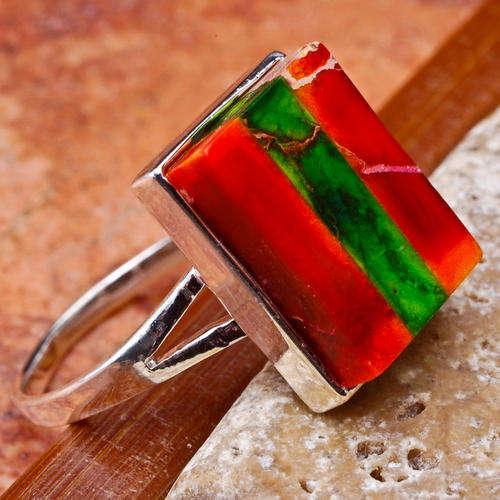 MARYKAY - NATURAL MULTI COLOUR SEA SEDIMENT JASPER GEMSTONE RING - SOLID STERLING SILVER