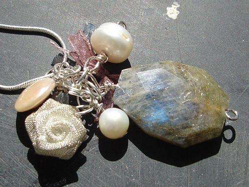 MARYKAY - LABRADORITE CLUSTER PENDANT AND CHAIN WITH FRESHWATER PEARLS AND CHARMS