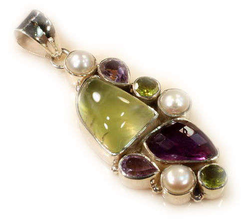 MARYKAY - NATURAL AMETHYST, PEARL, PREHNITE AND PERIDOT GEMSTONE PENDANT