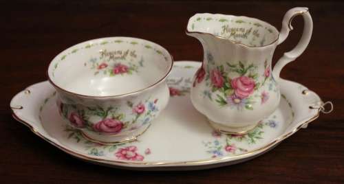 Royal Albert Flower of the Month Dimity Milk, Sugar, and Tray.