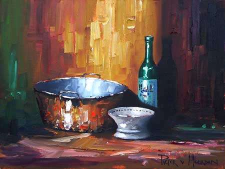 Copper dish with bottle