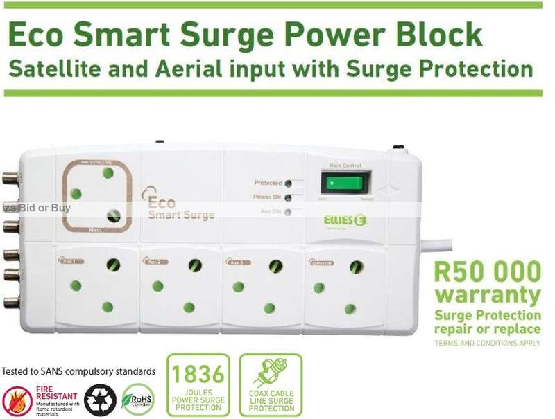 Ellies Eco Smart Surge Power Block With Satellite & Aerial Input ***R50 000 Warranty***