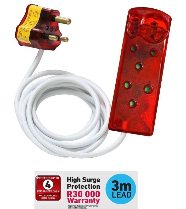 Ellies 4 Way Surge Power Protector 3 Meter Cord - R30 000 Warranty