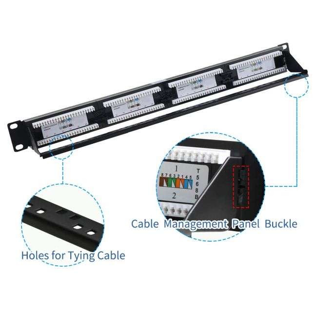 24 Port Cat5e 1U Rack Mount Patch Panel - WITH REAR CABLE MANAGEMENT BAR