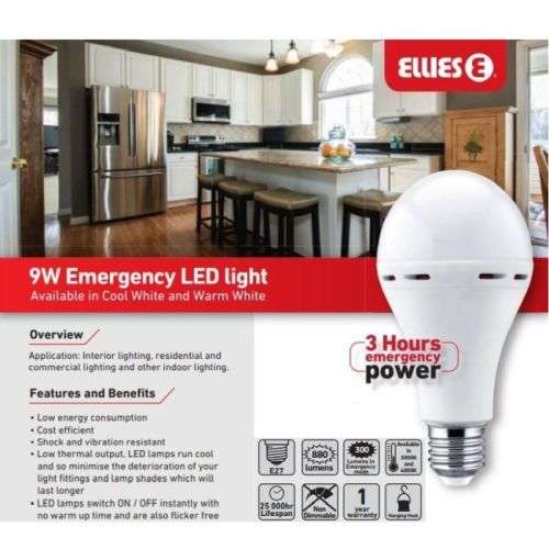Ellies 9W A70 Emergency E27 LED Bulb ***Cool White***