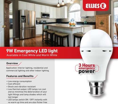 Ellies 9W A70 Emergency B22 LED Bulb ***Cool White***