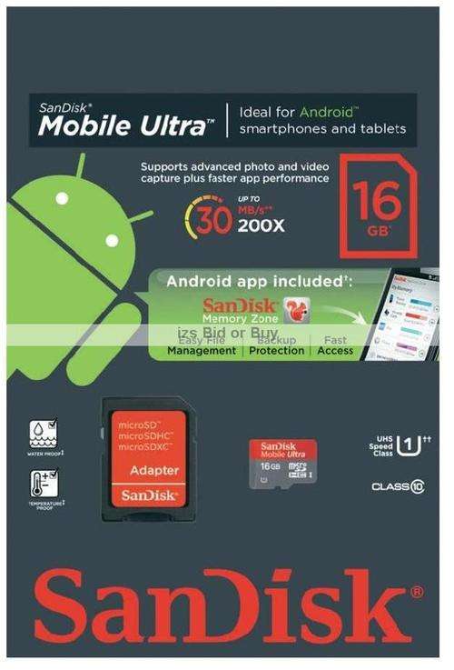 Sandisk Ultra 16GB microSDHC UHS-I Card & Adapter ***Ideal for Android***
