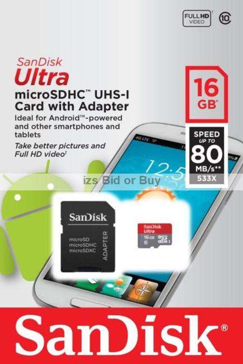 Sandisk Ultra 16GB microSDHC UHS-I Card & Adapter ***Ideal for Android***