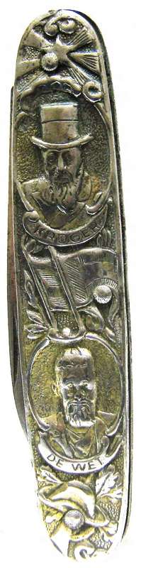 BOER WAR "OKAPI"  GERMANY, KRUGER - DE WET POCKET KNIFE WITH WHITE METAL HANDLES IN GOOD CONDITION