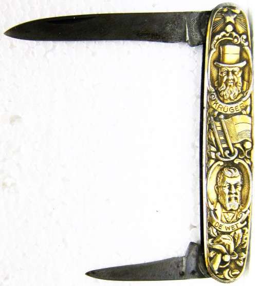BOER WAR "SCHLIEPER" SOLINGEN GERMANY, KRUGER - DE WET POCKET KNIFE - BRASS PLATED GRIPS - GOOD COND