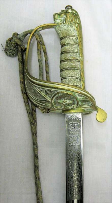 OLD POST 1961 S.A. NAVY OFFICERS SWORD WITH SCABBARD BY WILKINSON - SHARKSKIN GRIP - GOOD CONDITION