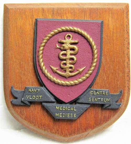 S.A. NAVY "NAVY MEDICAL CENTRE" PLAQUE - METAL ON WOOD IN A GOOD USED CONDITION