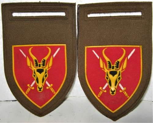 PAIR OF SADF TUPPERWARE S.A. ARMY H.Q. UNIT SHOULDER FLASHES IN VERY GOOD CONDITION