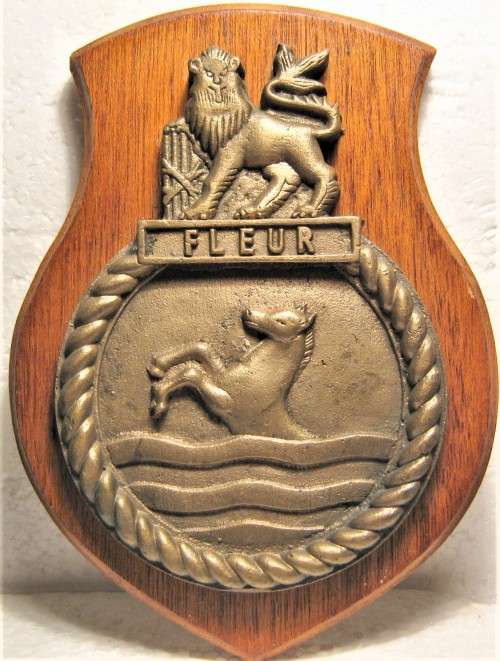 OLD S.A. NAVY SOLID BRASS, SAS FLEUR SHIPS BADGE, MOUNTED IN GOOD CONDITION