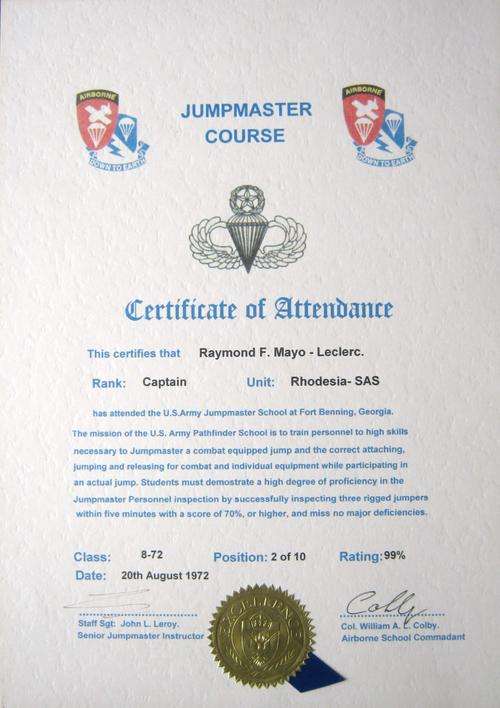 RHODESIA - SAS CAPT RAYMOND F. MAYO - LECLERC - U.S. JUMPMASTER COURSE CERTIFICATE