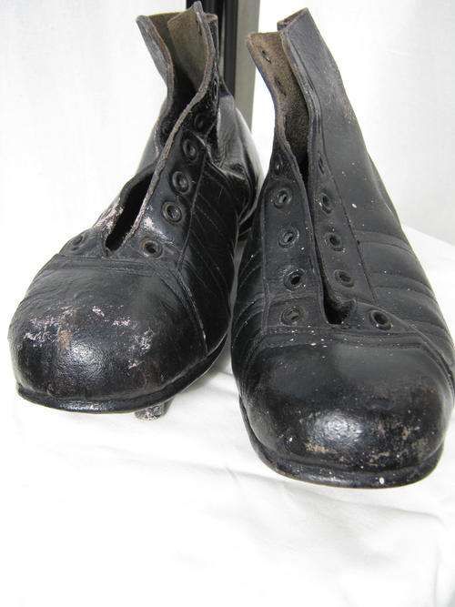 PAIR OF CIRCA 1950'S RUGBY BOOTS WITH LEATHER SOLES AND ALUMINIUM STUDS - Size 6 - good condition