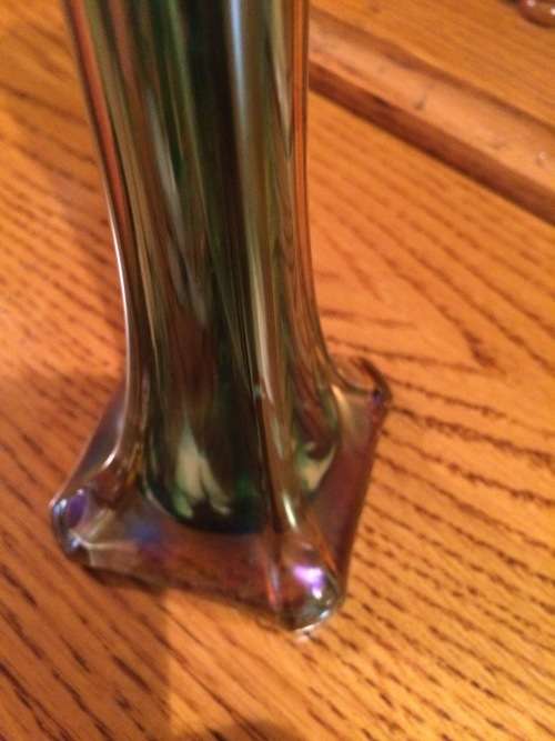 Pair of 2 striated irridescent vintage art glass vases