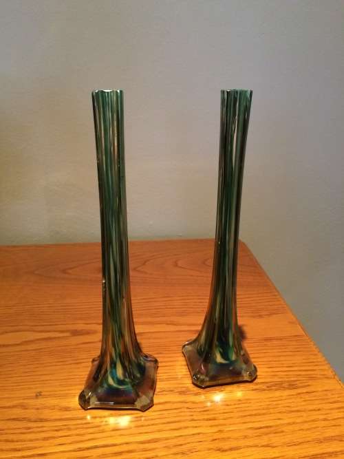 Pair of 2 striated irridescent vintage art glass vases