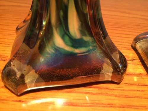 Pair of 2 striated irridescent vintage art glass vases