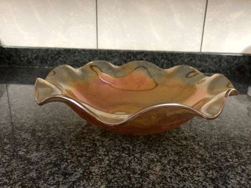 Large carnival glass bowl in Flora Gold/Louisa pattern