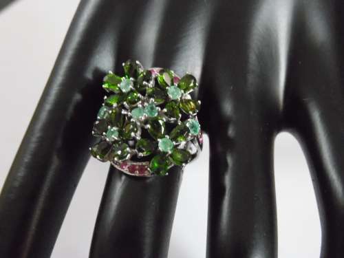 NATURAL CHROME DIOPSIDE, EMERALD, RUBY 925 STERLING SILVER RING (SZ9.5)
