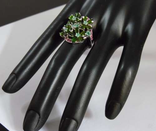 NATURAL CHROME DIOPSIDE, EMERALD, RUBY 925 STERLING SILVER RING (SZ9.5)