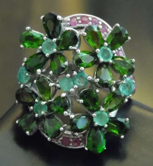 NATURAL CHROME DIOPSIDE, EMERALD, RUBY 925 STERLING SILVER RING (SZ9.5)