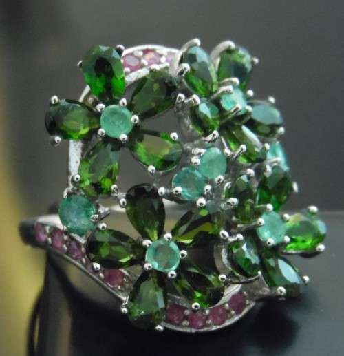 NATURAL CHROME DIOPSIDE, EMERALD, RUBY 925 STERLING SILVER RING (SZ9.5)