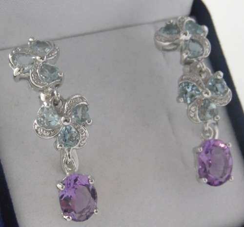 NATURAL SKY BLUE TOPAZ AND AMETHYST 925 SILVER EARRINGS