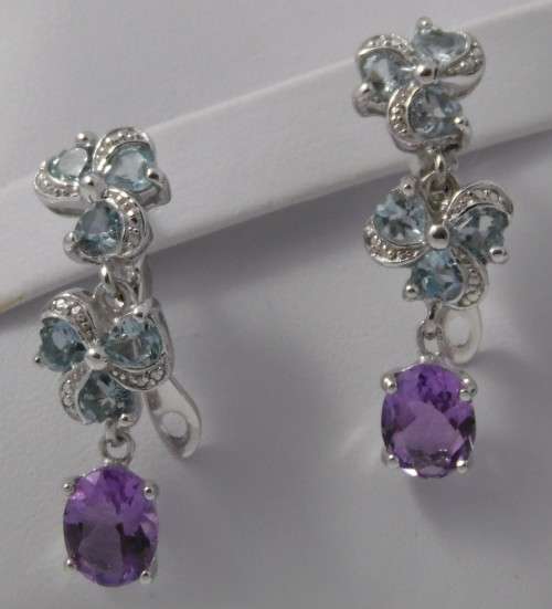 NATURAL SKY BLUE TOPAZ AND AMETHYST 925 SILVER EARRINGS