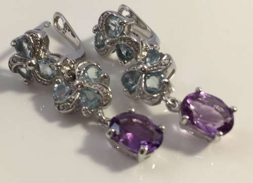 NATURAL SKY BLUE TOPAZ AND AMETHYST 925 SILVER EARRINGS