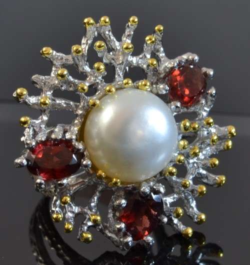 EXQUISITE GENUINE GARNET  & FRESHWATER PEARL 925 SILVER RING SIZE 7