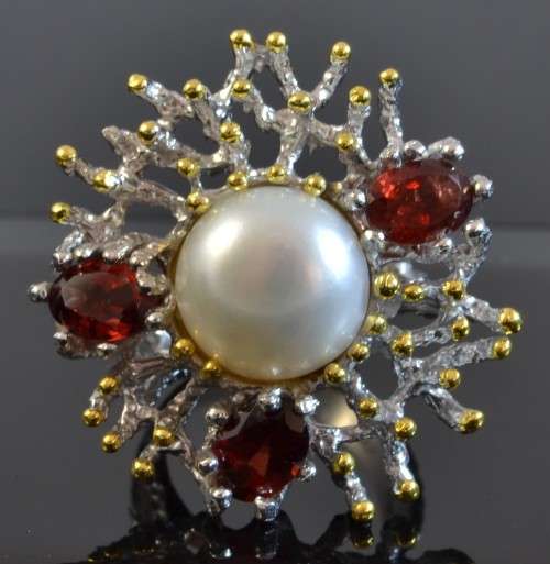 EXQUISITE GENUINE GARNET  & FRESHWATER PEARL 925 SILVER RING SIZE 7