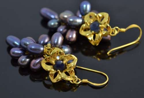 STUNNING REAL SAPPHIRE AND FRESHWATER PEARL 925 SILVER EARRINGS