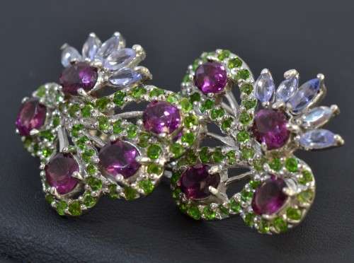 GORGEOUS OVAL RHODOLITE GARNET, CHROME DIOPSIDE & TANZANITE 925 SILVER EARRINGS