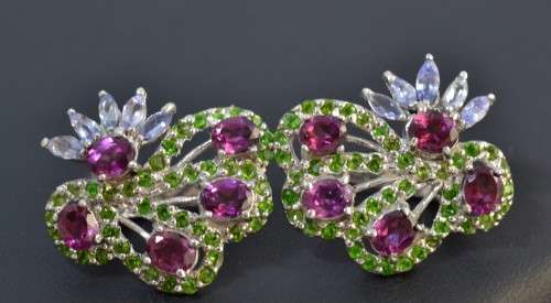 GORGEOUS OVAL RHODOLITE GARNET, CHROME DIOPSIDE & TANZANITE 925 SILVER EARRINGS