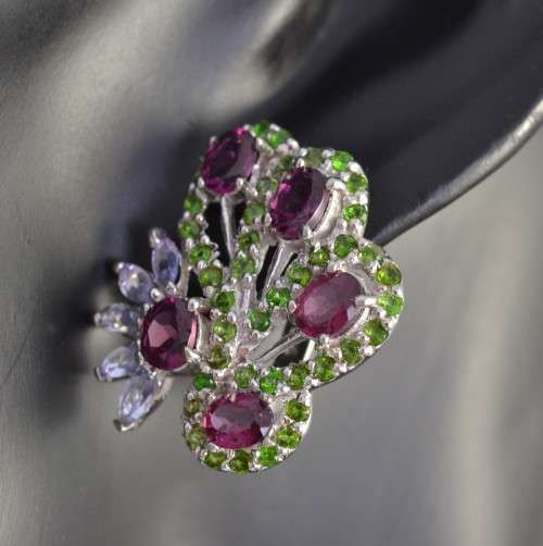 GORGEOUS OVAL RHODOLITE GARNET, CHROME DIOPSIDE & TANZANITE 925 SILVER EARRINGS