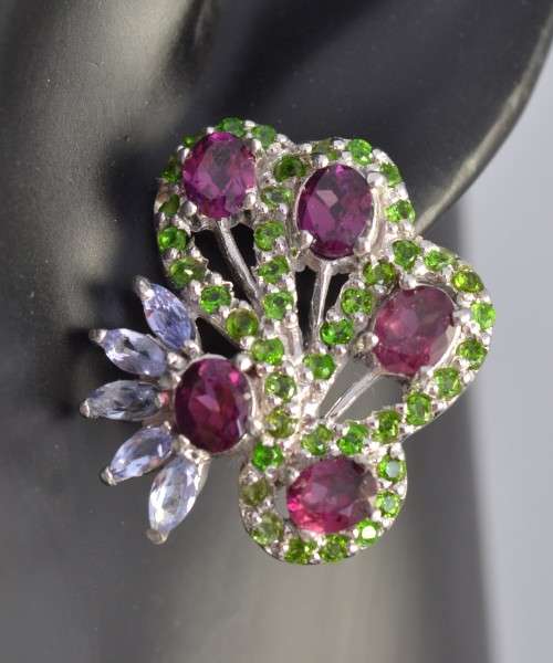 GORGEOUS OVAL RHODOLITE GARNET, CHROME DIOPSIDE & TANZANITE 925 SILVER EARRINGS
