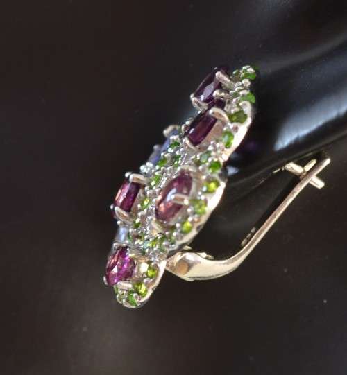 GORGEOUS OVAL RHODOLITE GARNET, CHROME DIOPSIDE & TANZANITE 925 SILVER EARRINGS