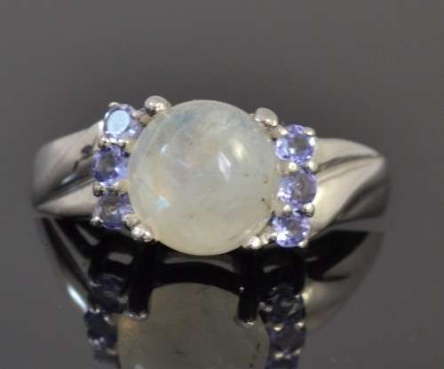 GENUINE FIRE BLUE MOONSTONE TANZANITE 925 SILVER RING SIZE 8