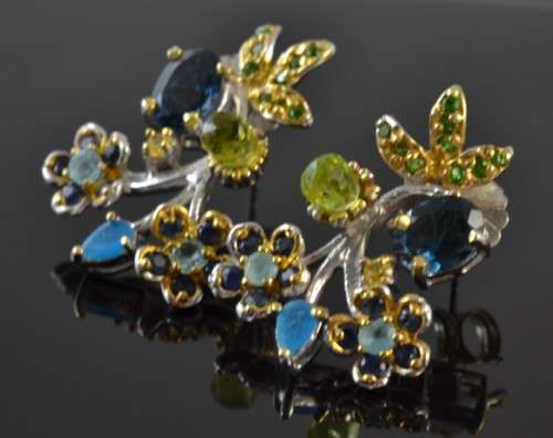 STUNNING REAL LONDON BLUE TOPAZ SAPPHIRE PERIDOT, TSAVORITE GARNET & APATITE 925 SILVER EARRINGS