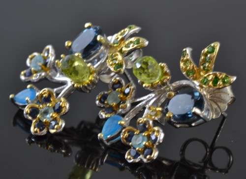 STUNNING REAL LONDON BLUE TOPAZ SAPPHIRE PERIDOT, TSAVORITE GARNET & APATITE 925 SILVER EARRINGS
