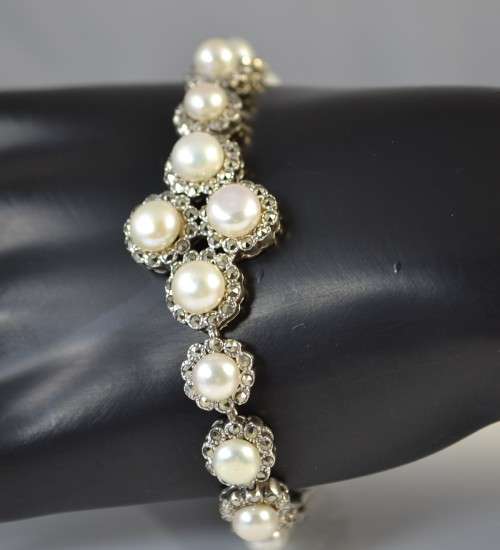 STUNNING HEAVY! REAL FRESHWATER  WHITE PEARLS & MARCASITE 925 SILVER BRACELET