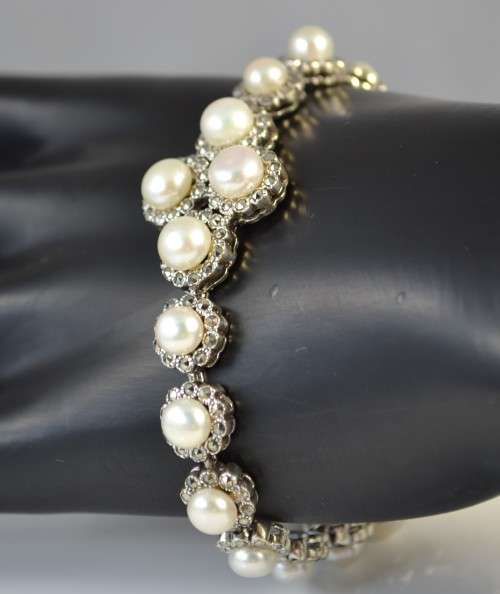 STUNNING HEAVY! REAL FRESHWATER  WHITE PEARLS & MARCASITE 925 SILVER BRACELET