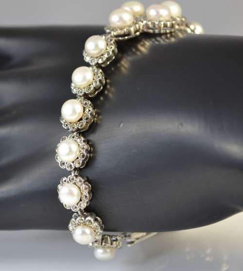 STUNNING HEAVY! REAL FRESHWATER  WHITE PEARLS & MARCASITE 925 SILVER BRACELET