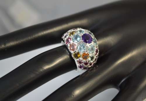 GORGEOUS REAL PURPLE AMETHYST GARNET TOURMALINE ZIRCON 925 SILVER RING SIZE 8.5