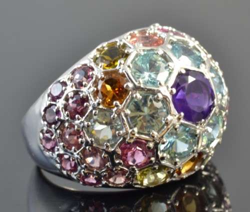 GORGEOUS REAL PURPLE AMETHYST GARNET TOURMALINE ZIRCON 925 SILVER RING SIZE 8.5