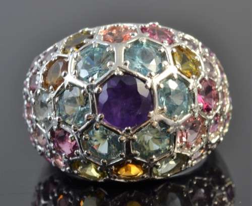 GORGEOUS REAL PURPLE AMETHYST GARNET TOURMALINE ZIRCON 925 SILVER RING SIZE 8.5